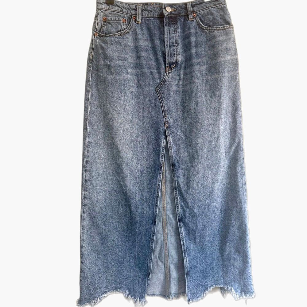 Free People "We the Free" Denim Skirt Button Front Slit Raw Hem Blue Womens 30